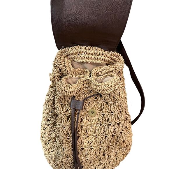 Cappelli Straw Crochet Back Pack Bag/Purse Straw w/Brown faux Leather 10"x9"x6" - Picture 8 of 10